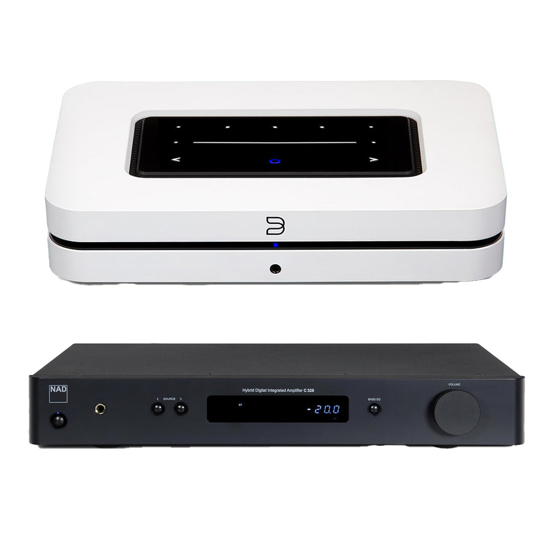 NAD C 328 Hybrid Digital Integrated Amplifier | Bluesound Node Wireless Multi-Room Hi-Res Music Streamer - White - Bundle