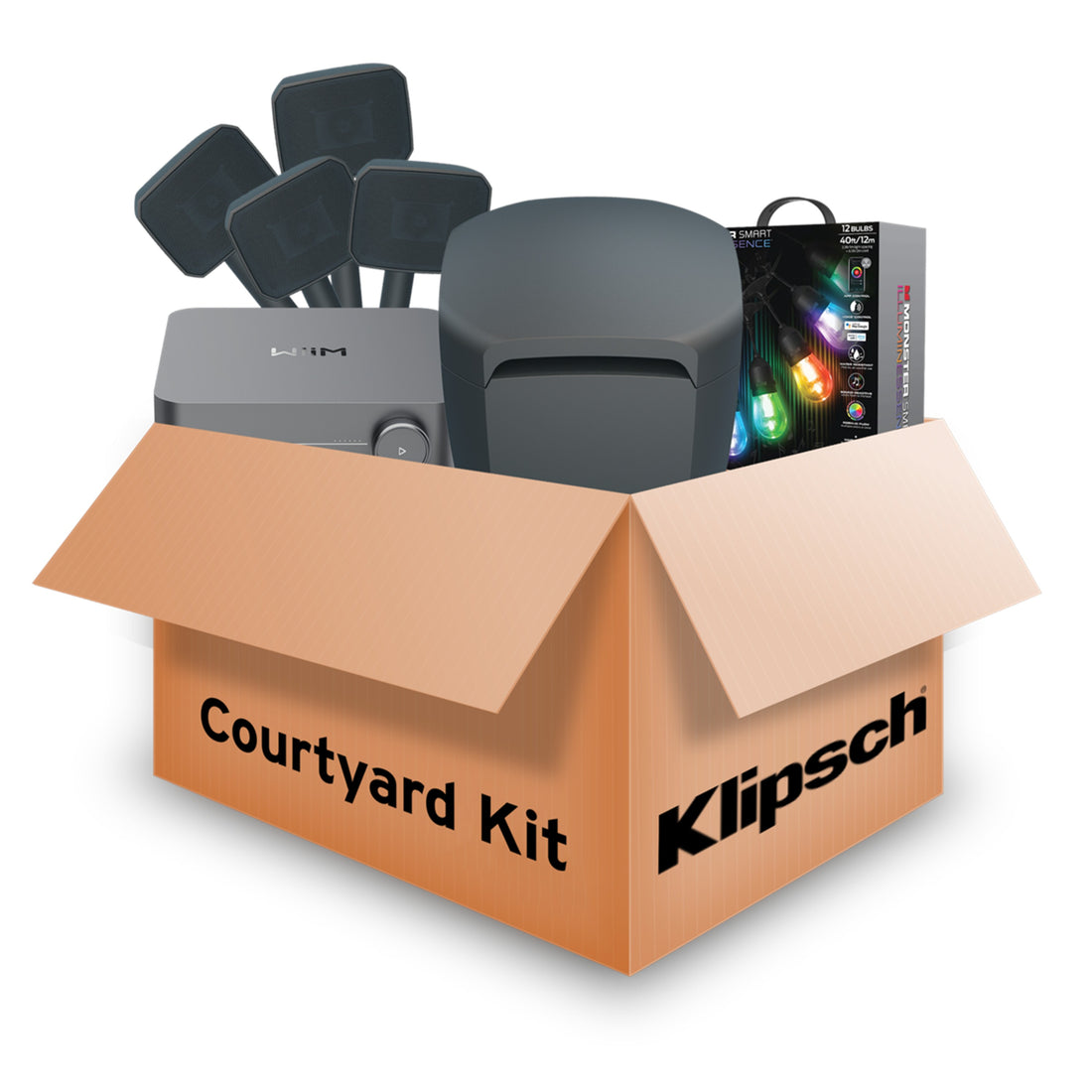 Klipsch Courtyard Kit | 4.1 Landscape Speaker System | WiiM Amp | Monster 35' Smart String Lights