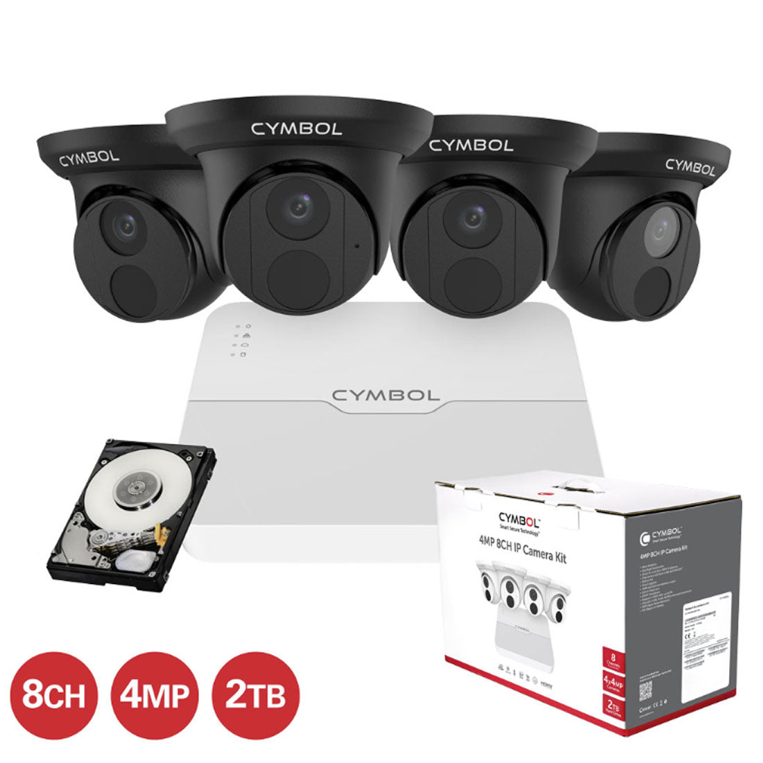 Cymbol 8 Channel IP Camera Kit with 4 x 4MP Black Turret Cameras and 8 Channel 2TB NVR Lite