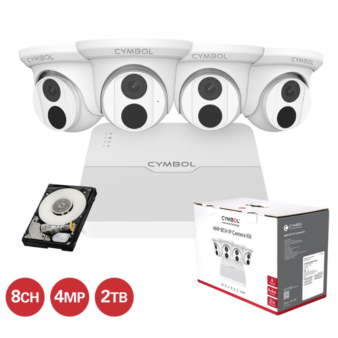 Cymbol 8 Channel IP Camera Kit with 4 x 4MP White Turret Cameras and 8 Channel 2TB NVR Lite