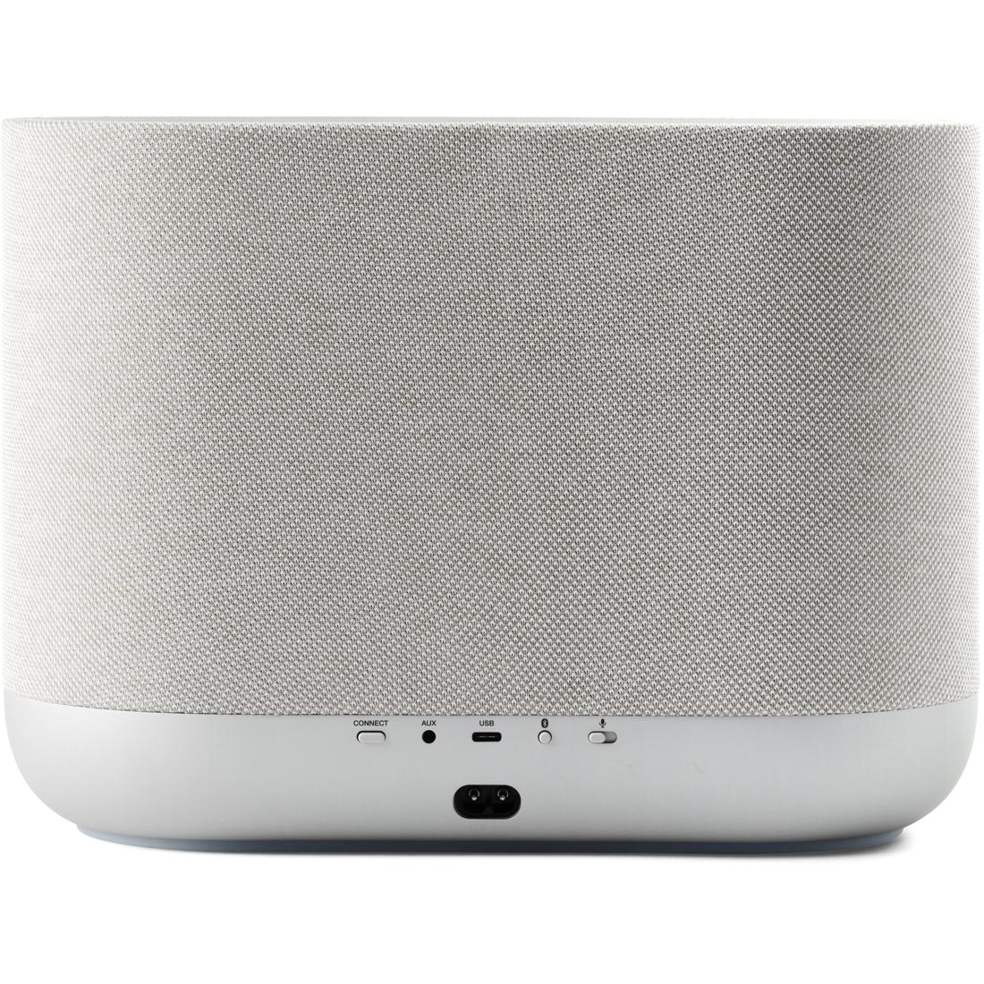 Denon Home 400 wireless smart speaker in stone finish, showing rear inputs and controls
