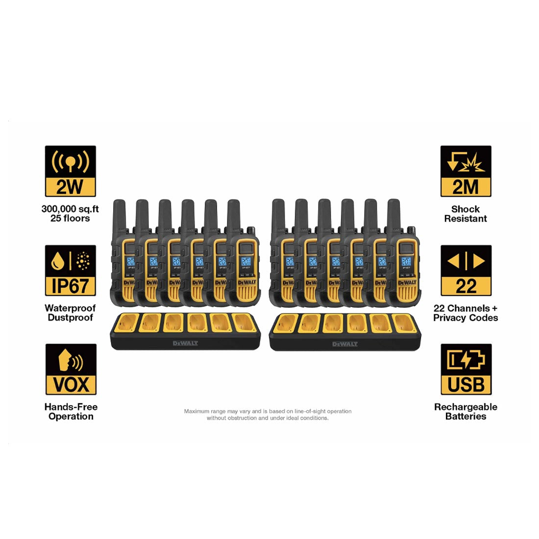 Dewalt 2DXFRS800-BCH6 Heavy Duty 12 DXFRS800 Radios with 2X 6 Port Chargers (2DXFRS800-BCH6)