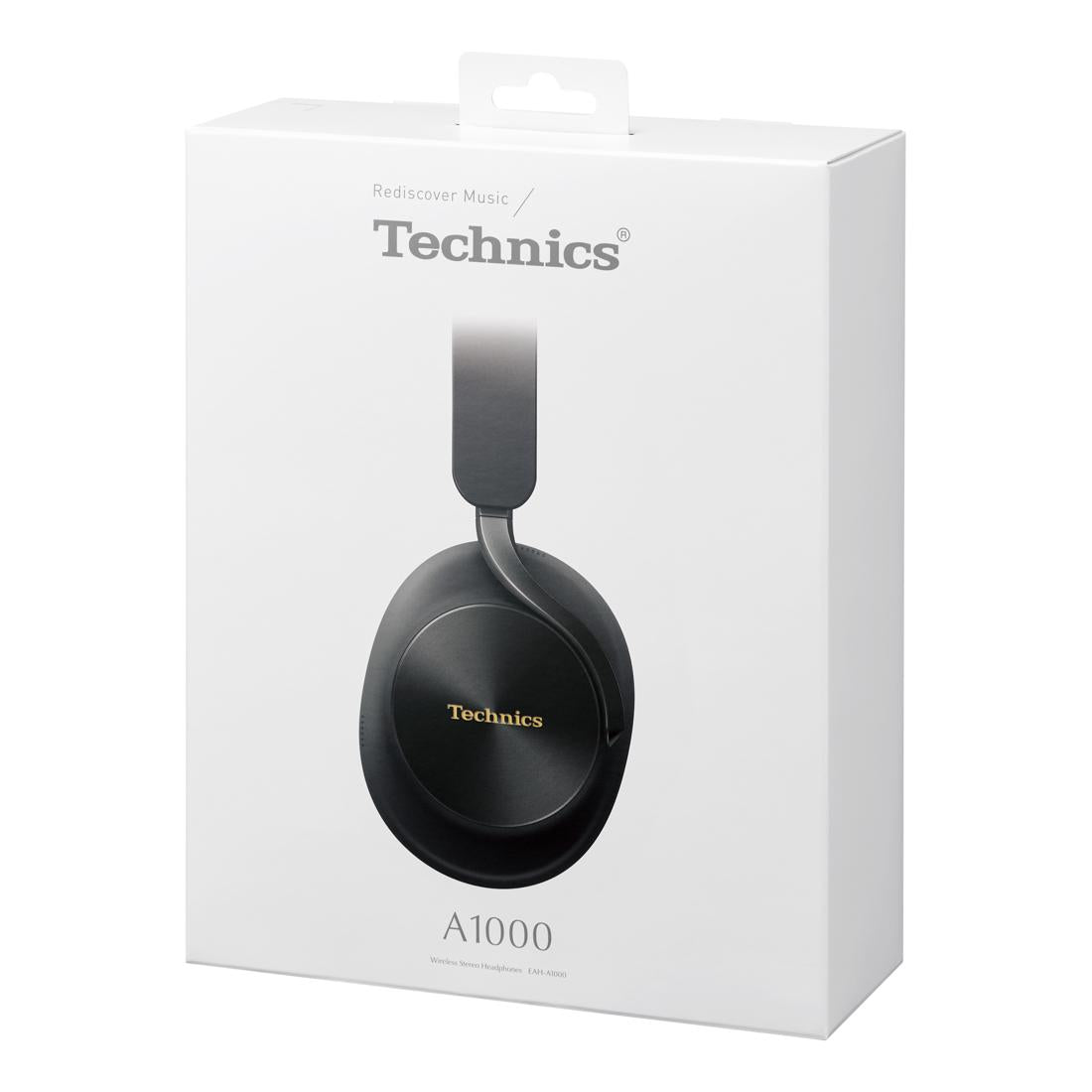 Technics A1000 over-ear headphones retail box, showing a large graphic of the black headphones on a white package with the Technics logo.