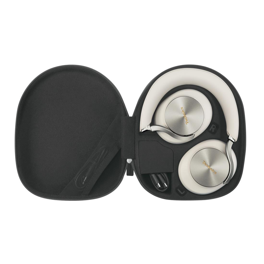 White over-ear headphones with silver metallic ear cups, displayed inside an open black zippered carrying case on a white background.