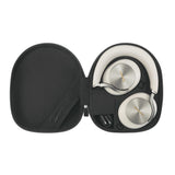 White over-ear headphones with silver metallic ear cups, displayed inside an open black zippered carrying case on a white background.