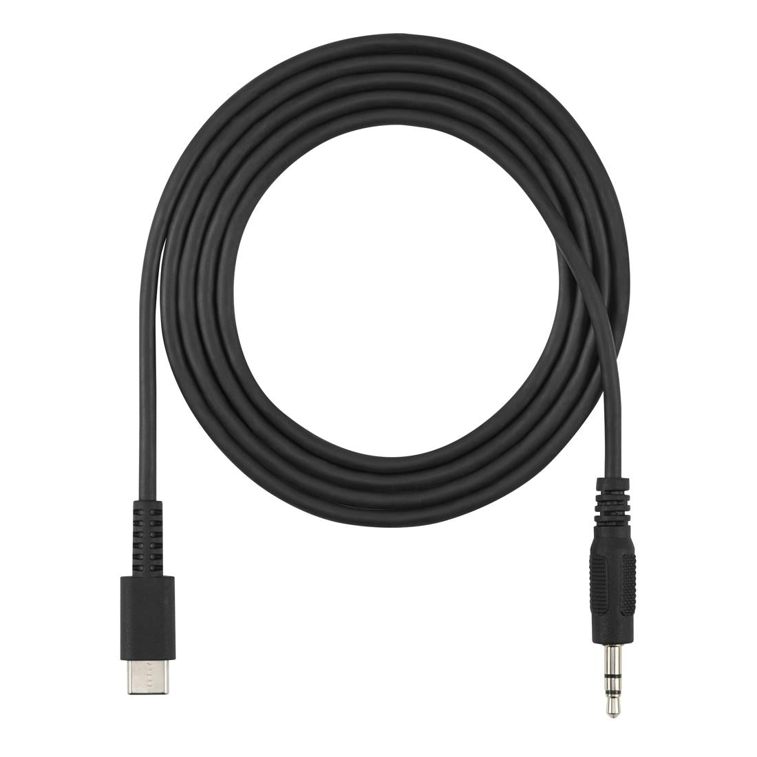 A coiled black USB-C to 3.5mm audio adapter cable on a plain white background.