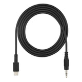 A coiled black USB-C to 3.5mm audio adapter cable on a plain white background.