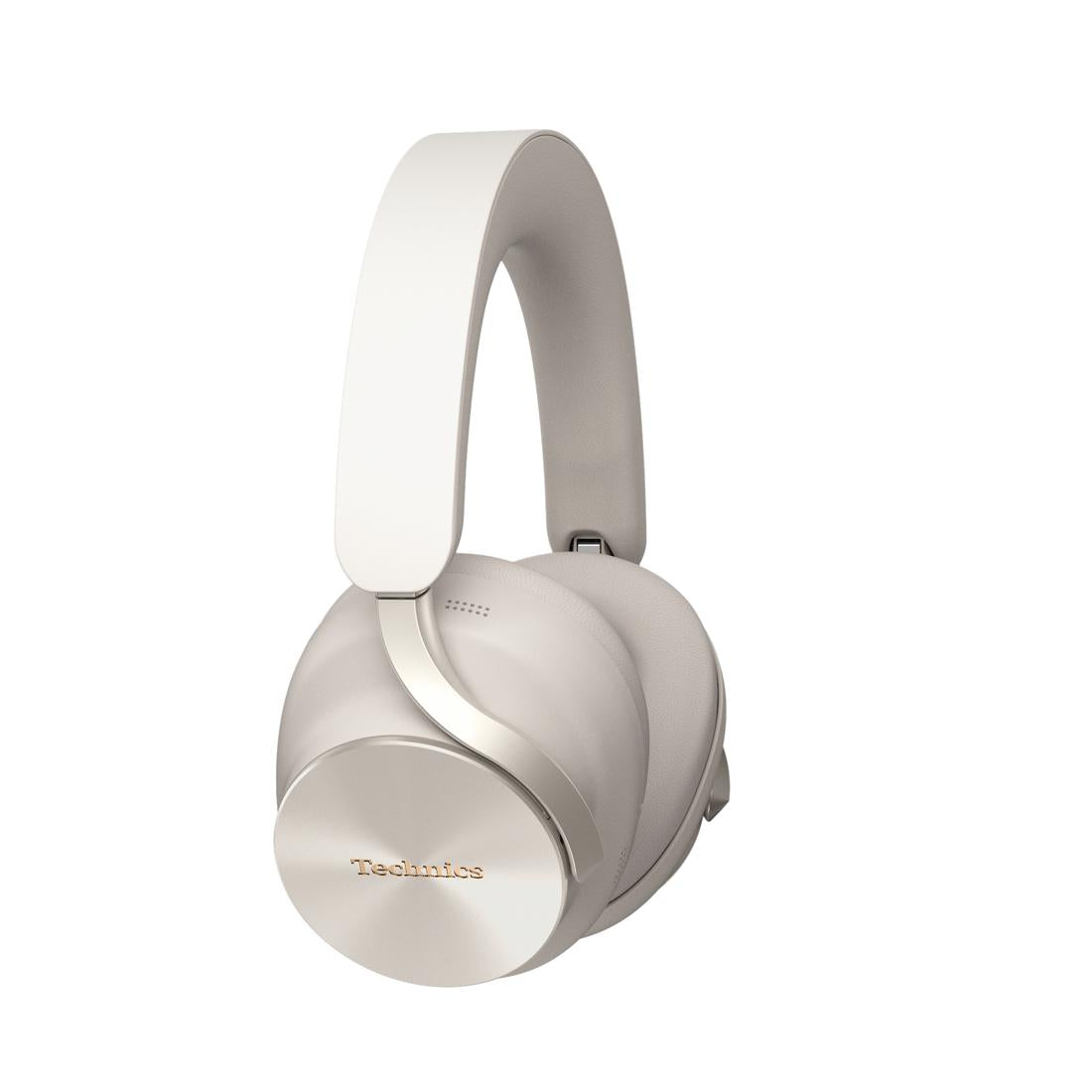 A pair of Technics over-ear wireless headphones in a light silver-gray color, shown from a side profile view against a solid white background.
