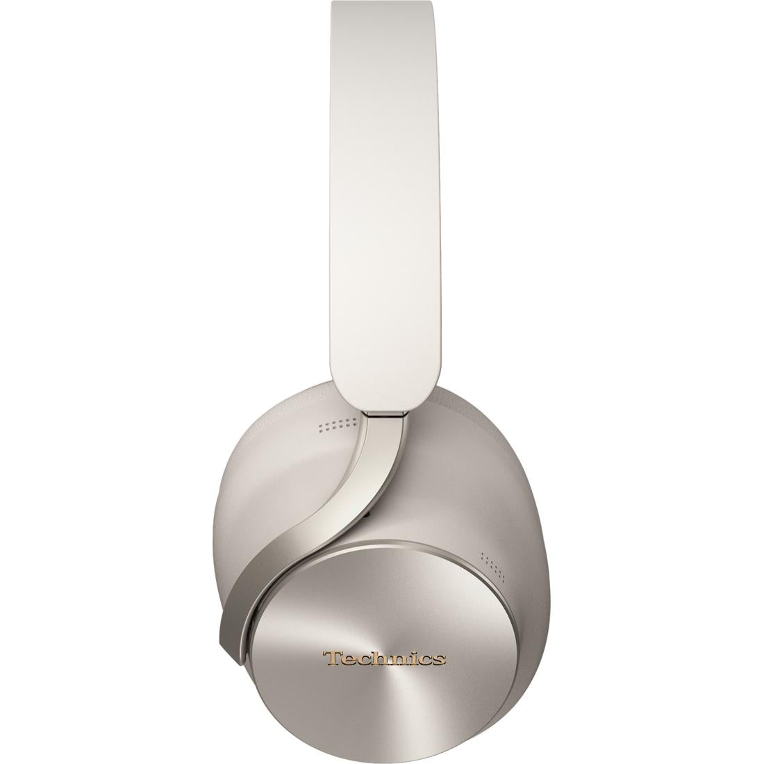 A pair of Technics over-ear headphones in a brushed silver metallic finish, featuring a white headband and a gold logo on the ear cup, set against a plain white background.