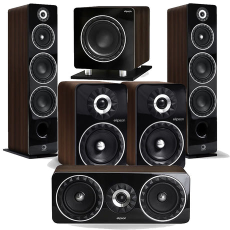 Elipson ELIPF24FWN Floor Standing Speakers | ELIPF6BWN Bookshelf Speakers | ELIPF11CWN Center Channel Speaker | ELIPFSUB8WN Subwoofer with Integrated Amp - Walnut - Bundle