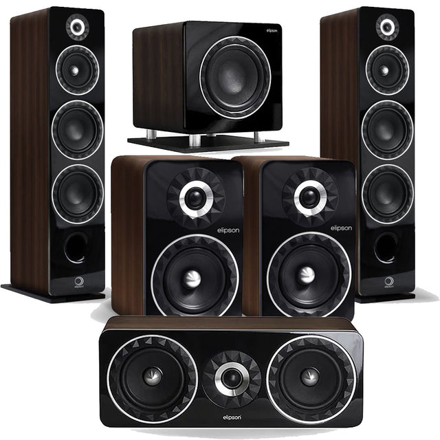 Elipson ELIPF24FWN Floor Standing Speakers (Pair) | ELIPF6BWN Bookshelf Speakers (Pair) | ELIPF11CWN Center Channel Speaker | ELIPFSUB10WN 250W 10" Subwoofer - Walnut - Bundle