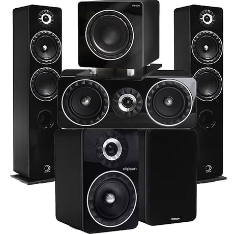 Elipson ELIPF14FBK Floor Standing Speakers (Pair) | ELIPF6BBK Bookshelf Speakers (Pair) | ELIPF11CBK Center Channel Speaker | ELIPFSUB8BK Subwoofer with Integrated Amp - Black - Bundle