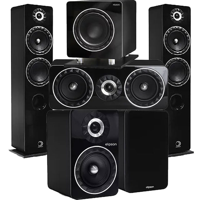 Elipson ELIPF14FBK Floor Standing Speakers (Pair) | ELIPF6BBK Bookshelf Speakers (Pair) | ELIPF11CBK Center Channel Speaker | ELIPFSUB8BK Subwoofer with Integrated Amp - Black - Bundle
