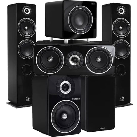 Elipson ELIPF14FBK Floor Standing Speakers (Pair) | ELIPF6BBK Bookshelf Speakers (Pair) | ELIPF11CBK Center Channel Speaker | ELIPFSUB10 Subwoofer - Black - Bundle