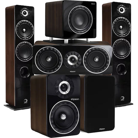 Elipson ELIPF14FWN Floor Standing Speakers | ELIPF6BWN Bookshelf Speakers | ELIPF11CWN Center Channel Speaker | ELIPFSUB10WN 10" Subwoofer - Walnut - Bundle