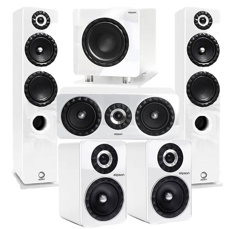 Elipson ELIPF14FWT Floor Standing Speakers (Pair) | ELIPF6BWT Bookshelf Speakers (Pair) | ELIPF11CWT Center Channel Speaker | ELIPFSUB8WT Subwoofer with Integrated Amp  - White - Bundle