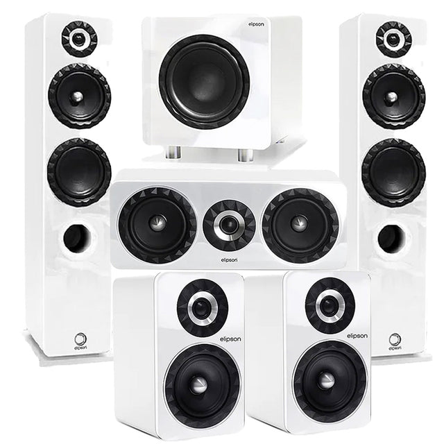 Elipson ELIPF14FWT Floor Standing Speakers (Pair) | ELIPF6BWT Bookshelf Speakers (Pair) | ELIPF11CWT Center Channel Speaker | ELIPFSUB8WT Subwoofer with Integrated Amp  - White - Bundle