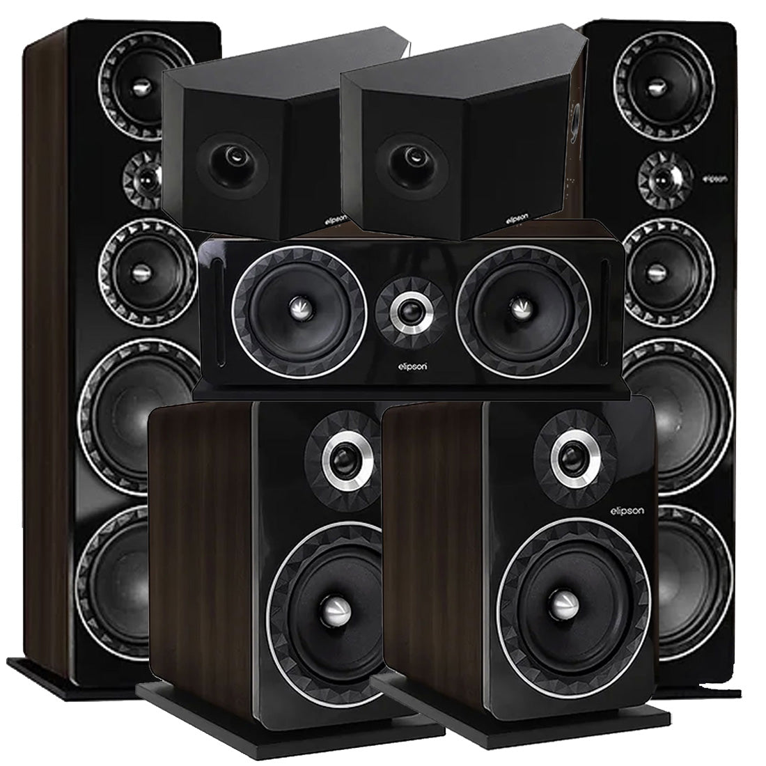Elipson ELIPF34F Floor Standing Speakers (Pair) | ELIPF8B Bookshelf Speakers (Pair) | ELIPF14CWN Center Channel Speaker | ELIPF7SRBK Bass-Reflex Surround Speakers - Walnut - Bundle