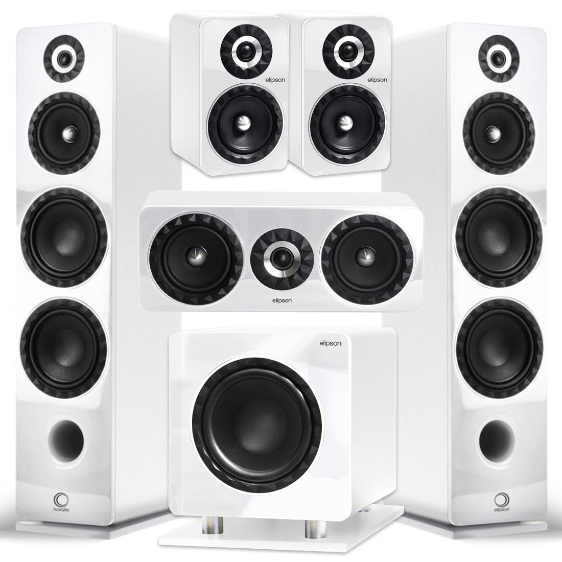 Elipson ELIPF24FWT Floor Standing Speakers (Pair) | ELIPF6BWT Bookshelf Speakers (Pair) | ELIPF11CWT Center Channel Speaker | ELIPFSUB8WT Subwoofer with Integrated Amp - White - Bundle