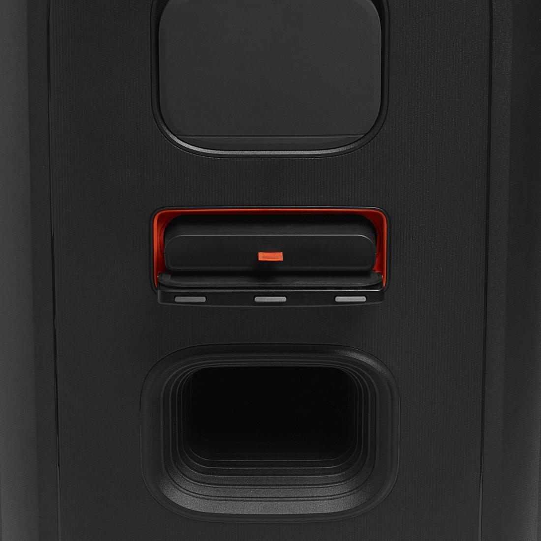 Close-up of battery compartment on JBL PartyBox 520 party speaker