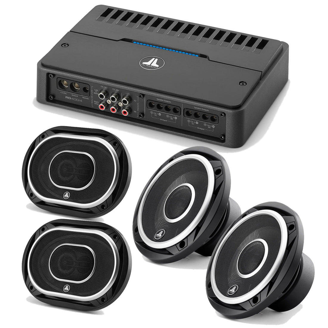 JL Audio RD400/4 4 Ch. Amplifier – #98621 | C2-525X 5.25" Coaxial Speakers - #99613 | C2-690TX 6×9"Coaxial Speakers - #99619 - Bundle