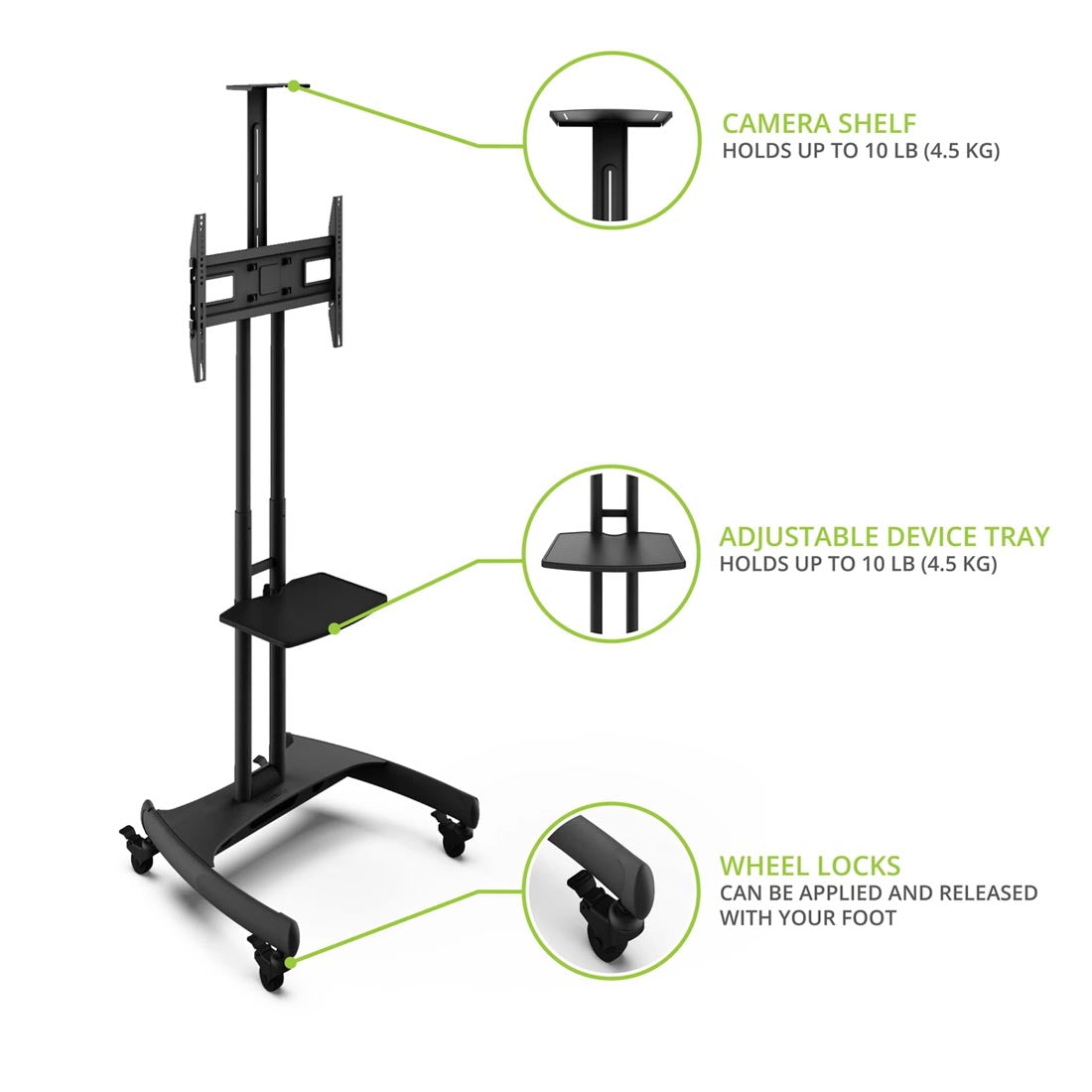 Kanto MTM65PL Rolling TV Cart with Height Adjustment for 37" - 65" TVs