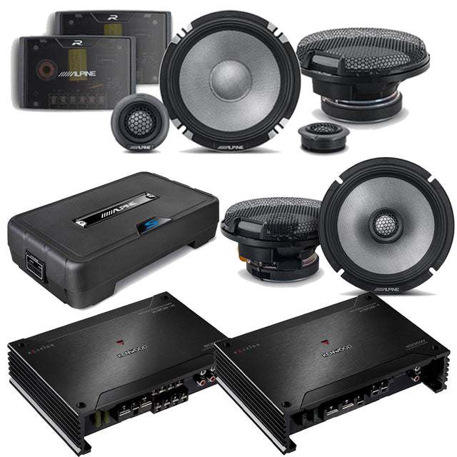 Kenwood eXcelon X302-4 4-Ch Amplifier | X502-1 Mono Amplifier | Alpine R2-S65 6.5" Speakers | R2-S652 6.5" Component Speaker System | Alpine SS-SB12 12" Pre-Loaded Subwoofer Enclosure