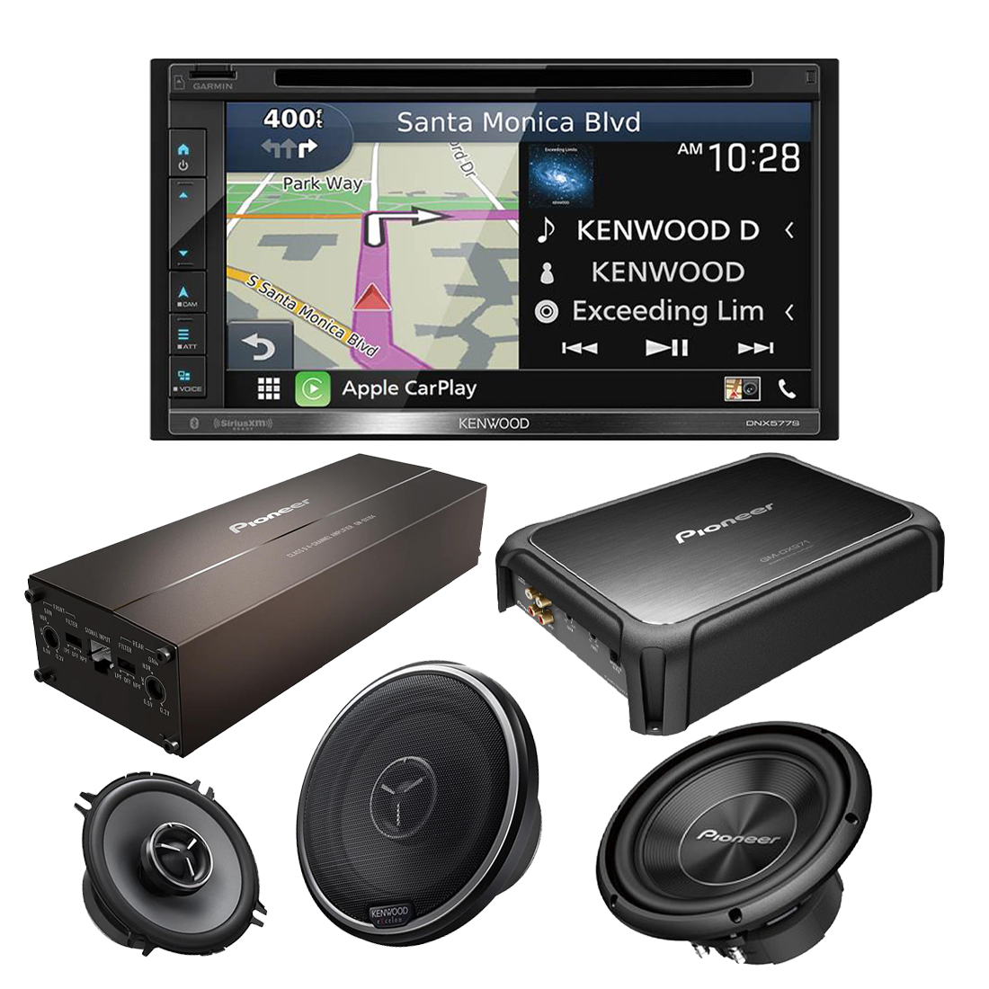 Kenwood DNX577S 6.8" DVD/CD Receiver | KFC-X134 5.25" 2-Way Speakers | Pioneer TS-A250D4 10" 4 Ohm DVC Subwoofer | GM-DX104 4-Channel Class D Amplifier | GM-DX971 Class D Mono Subwoofer Amplifier - Bundle
