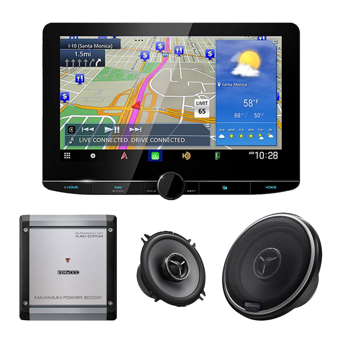 Kenwood eXcelon Reference DNR1007XR 10.1" Navigation Multimedia Receiver | Kenwood KAC-D3104 Class D 4-Channel Power Amplifier | KFC-X134 5.25" 2-Way Speakers - Bundle