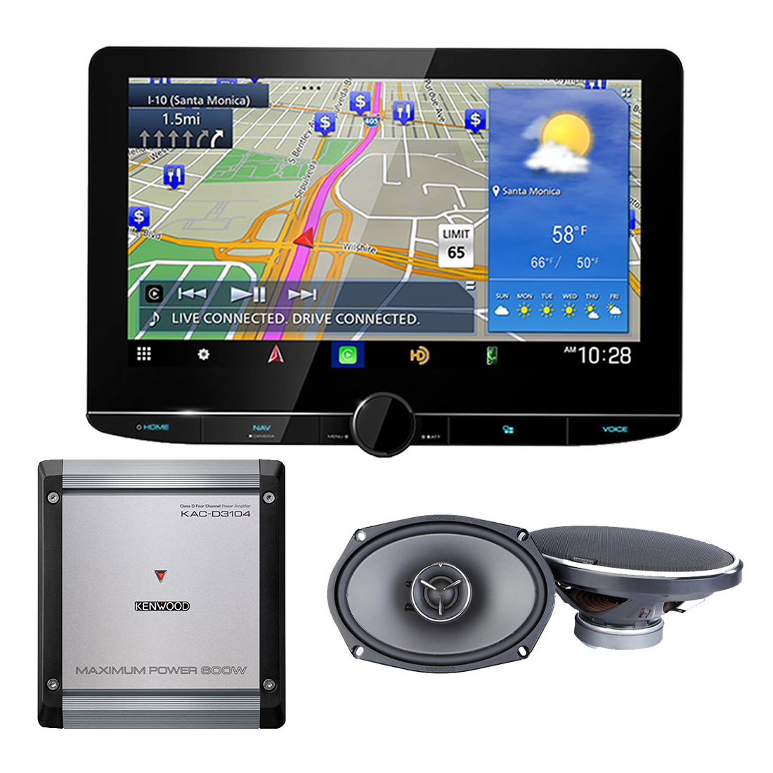 Kenwood eXcelon Reference DNR1007XR 10.1" Navigation Multimedia Receiver | Kenwood KAC-D3104 Class D 4-Channel Power Amplifier | KFC-X694 Series 6x9" 2-Way Car Speakers - Bundle