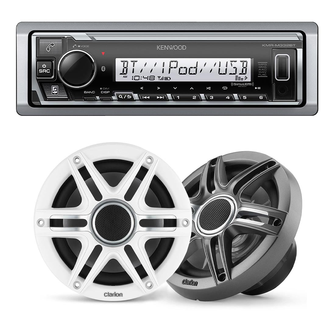 Kenwood KMR-M332BT Marine Digital Media Receiver | Clarion CMSP-651-SWG 6.5" Marine Speakers - Bundle