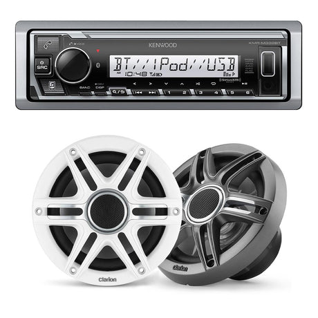 Kenwood KMR-M332BT Marine Digital Media Receiver | Clarion CMSP-651-SWG 6.5" Marine Speakers - Bundle