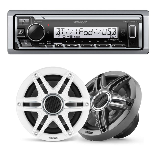 Kenwood KMR-M332BT Marine Digital Media Receiver | Clarion CMSP-651-SWG 6.5" Marine Speakers - Bundle
