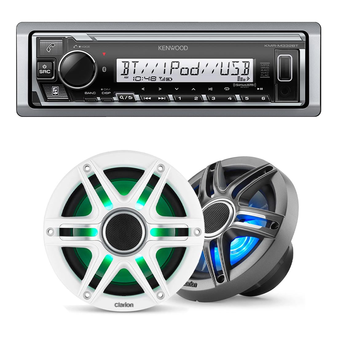 Kenwood KMR-M332BT Marine Digital Media Receiver | Clarion CMSP-651RGB-SWG 6.5" Marine RGB Speakers with Sport Grilles - Bundle