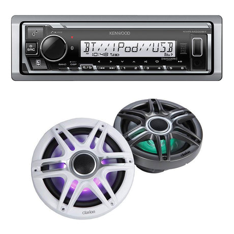 Kenwood KMR-M332BT Marine Digital Media Receiver | Clarion CMSP-771RGB-SWG Marine RGB Speakers with Sport Grilles - Bundle