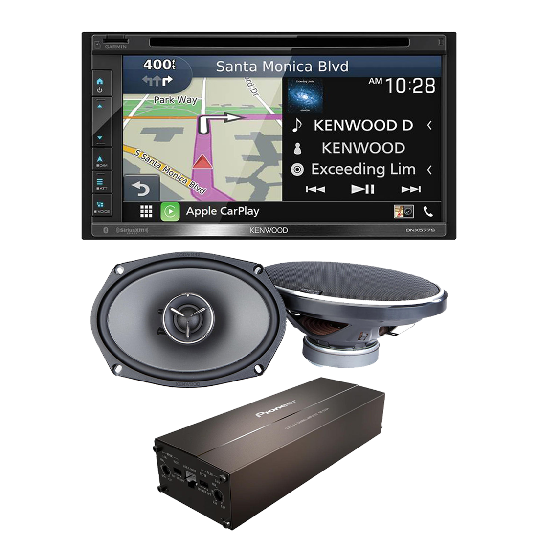 Kenwood DNX577S 6.8" DVD/CD Navigation Receiver | Kenwood eXcelon KFC-X694 Series 6x9" 2-Way Car Speakers | Pioneer GM-DX104 4-Channel Hi-Res Class D Mini Amplifier - Bundle