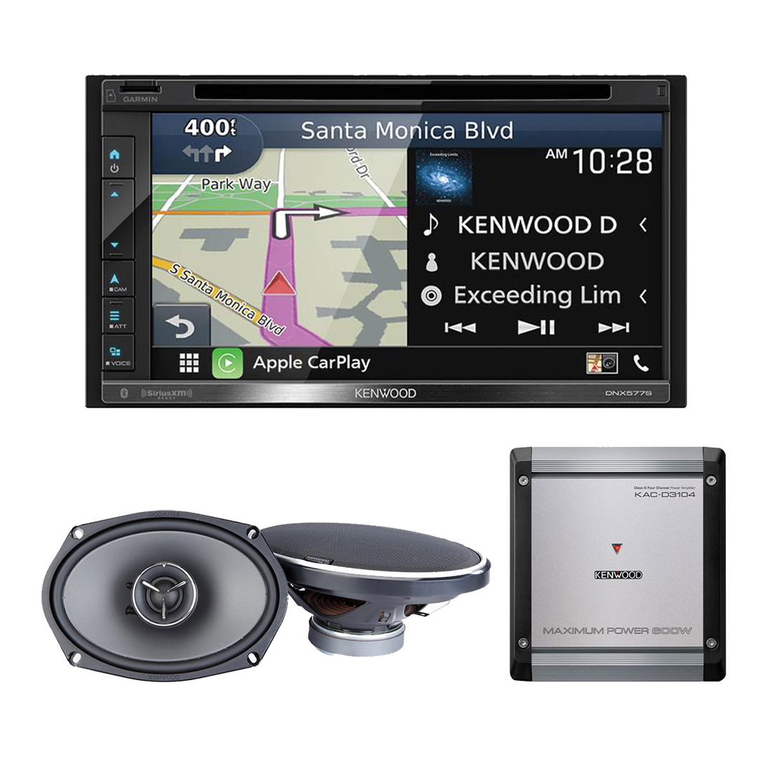 Kenwood DNX577S 6.8" DVD/CD Navigation Receiver | KAC-D3104 Class D 4-Channel Power Amplifier | Kenwood eXcelon KFC-X694 Series 6x9" 2-Way Car Speakers - Bundle