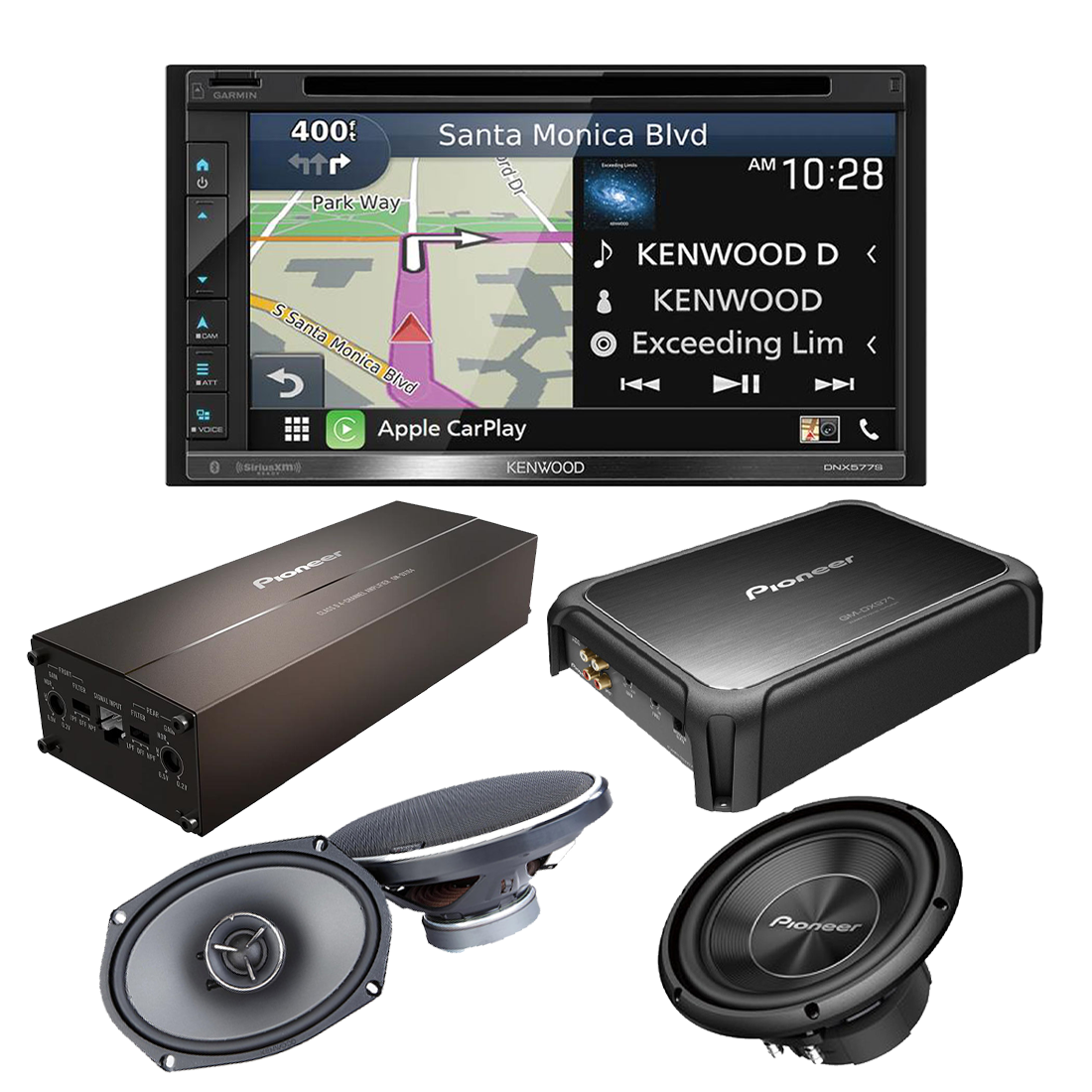 Kenwood DNX577S 6.8" DVD/CD Receiver | KFC-X694 6x9" 2-Way Car Speakers | Pioneer TS-A250D4 10" 4 Ohm DVC Subwoofer | GM-DX104 4-Channel Class D Amplifier | GM-DX971 Class D Mono Subwoofer Amplifier - Bundle
