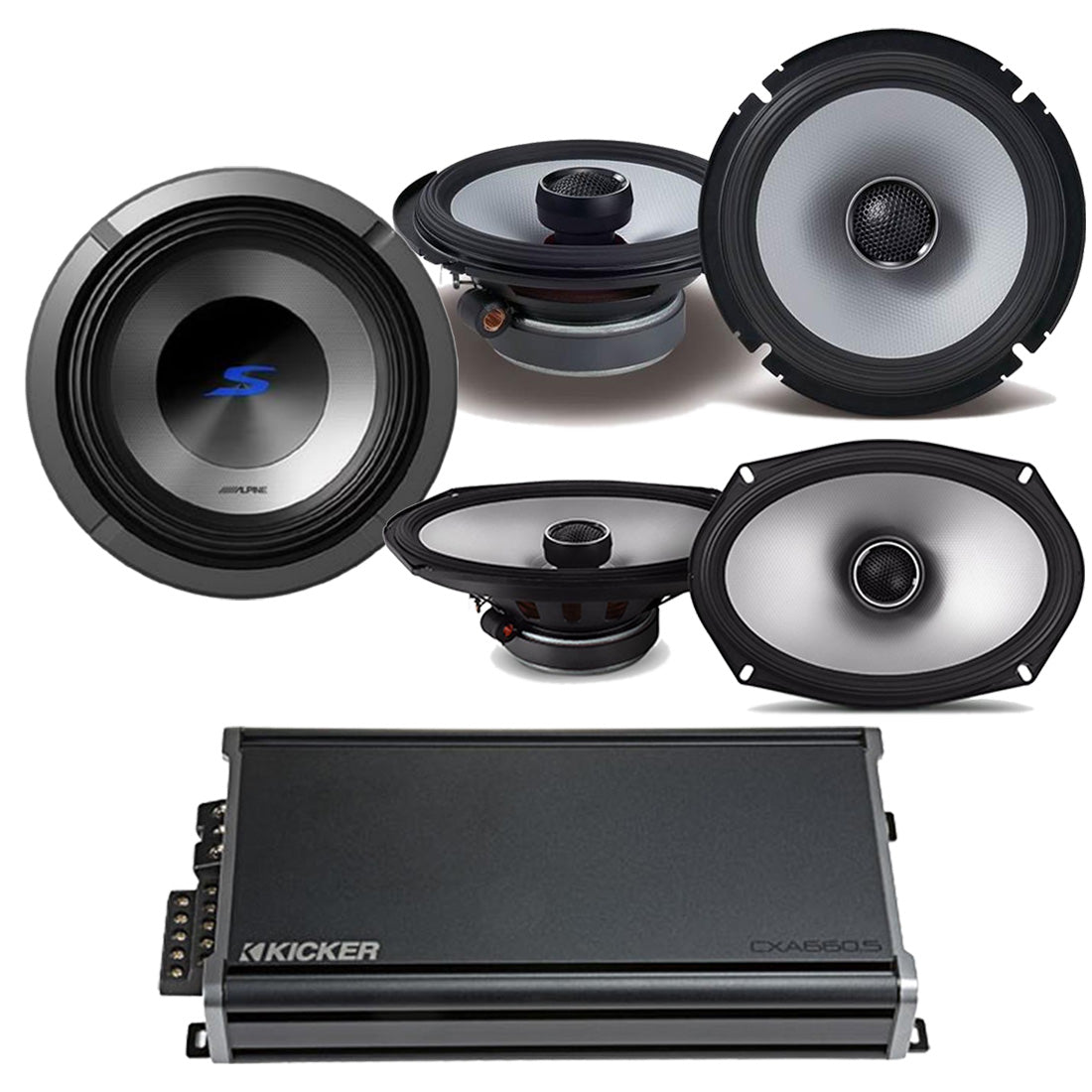 Kicker 46CXA660.5 5-Ch Amplifier | Alpine S2-S65 6.5" Speakers | S2-S69 6"x9" Speakers | Alpine S2-W10D2 10" DVC Subwoofer - Bundle