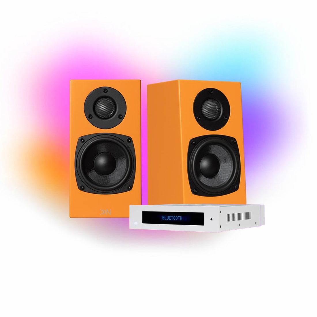 KIN One Bookshelf Speakers with 4" Woofer - Orange Pair | KIN Amp Bluetooth Stereo Amplifier - White - BUNDLE