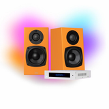 KIN One Bookshelf Speakers with 4" Woofer - Orange Pair | KIN Amp Bluetooth Stereo Amplifier - White - BUNDLE