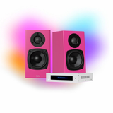 KIN One Bookshelf Speakers with 4" Woofer Pink - Pair | KIN Amp Bluetooth Stereo Amplifier - White - Bundle