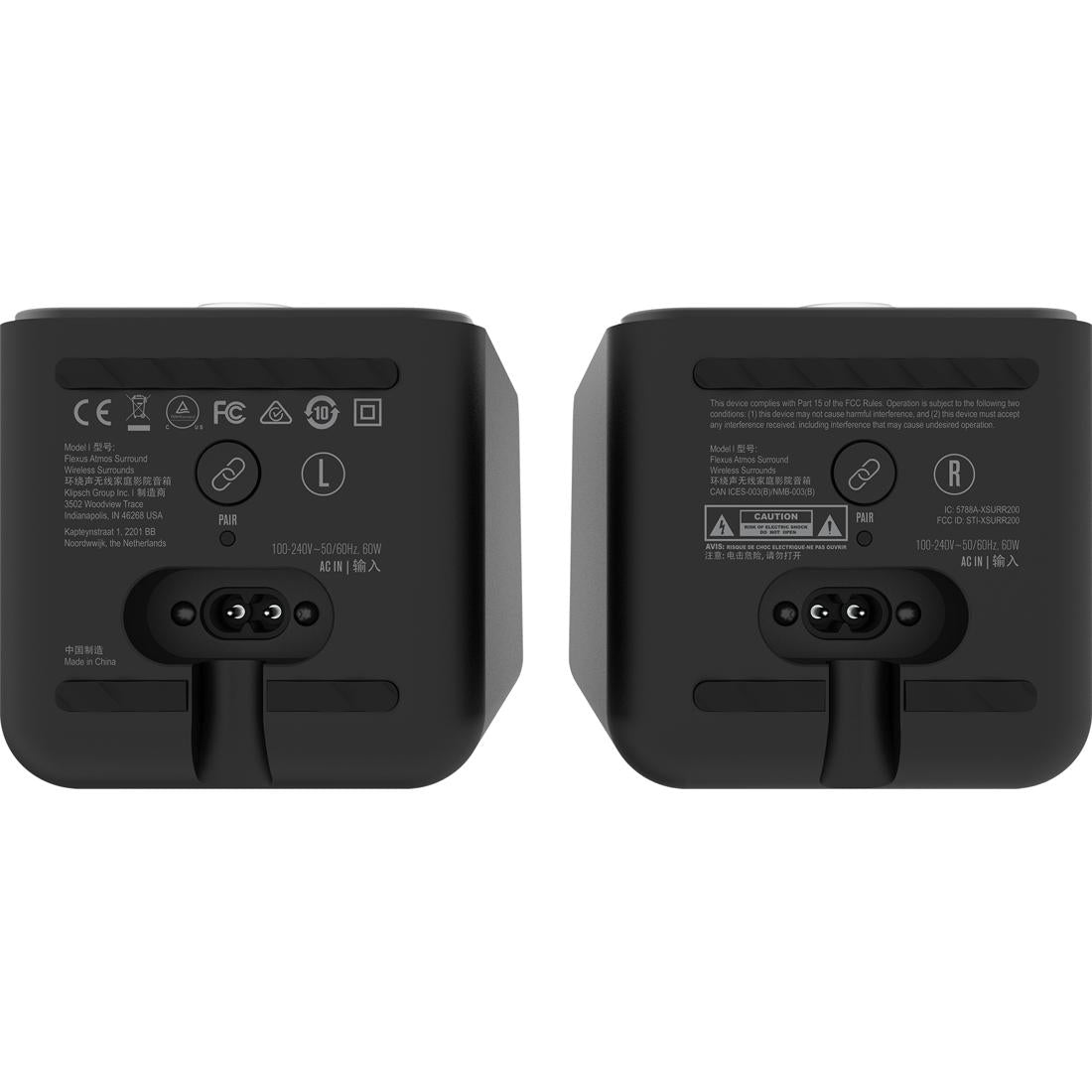 Controls, power, and LED on the bottom of Klipsch Flexus Surr 200 speakers