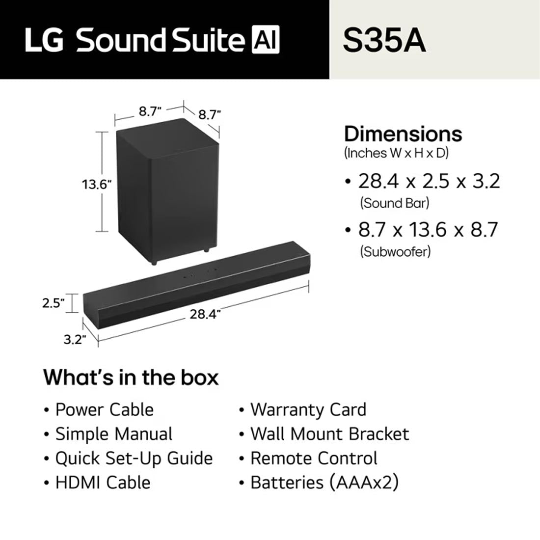 LG S35A 2.1 Channel Soundbar with Wireless Subwoofer - 2026 Model