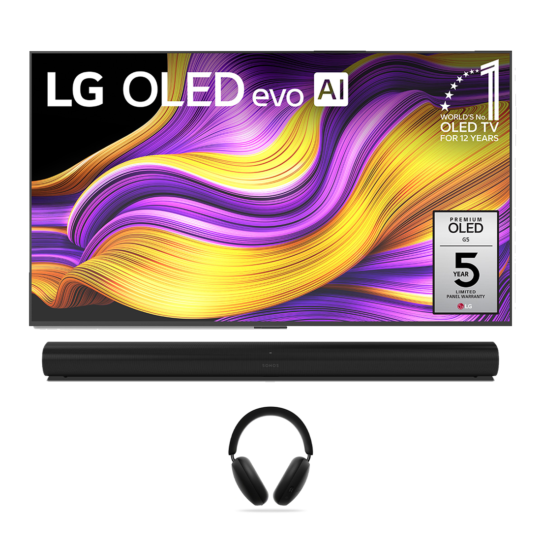 LG OLED G5 4K OLED Evo AI Concierge Smart TV - 2025 Model | Sonos Ace Wireless Over-Ear Active Noise Cancelling Headphones | Sonos Arc Premium Smart Soundbar - Bundle