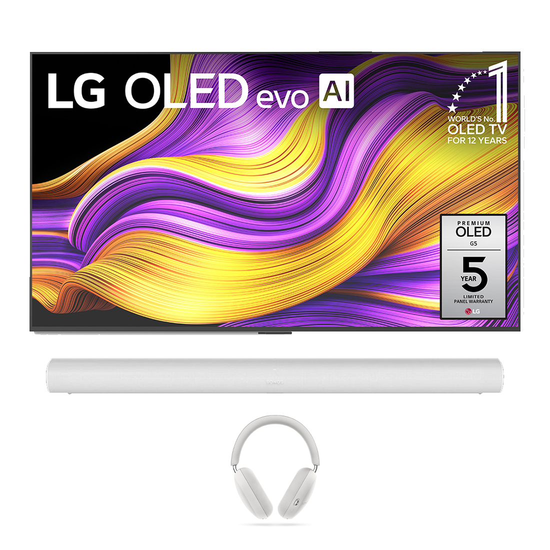 LG OLED G5 4K OLED Evo AI Concierge Smart TV - 2025 Model | Sonos Ace Wireless Over-Ear Active Noise Cancelling Headphones | Sonos Arc Premium Smart Soundbar - Bundle
