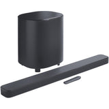 Black JBL Bar 500 soundbar and wireless subwoofer with remote on a white background