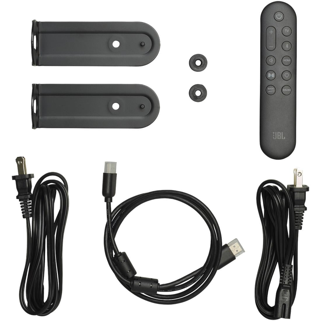 Set of black JBL Bar 500 system components including a remote control, mounting hardware, and cables on a white background.