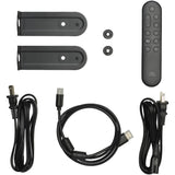 Set of black JBL Bar 500 system components including a remote control, mounting hardware, and cables on a white background.