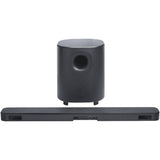 Black JBL Bar 500 soundbar with wireless subwoofer on a white background